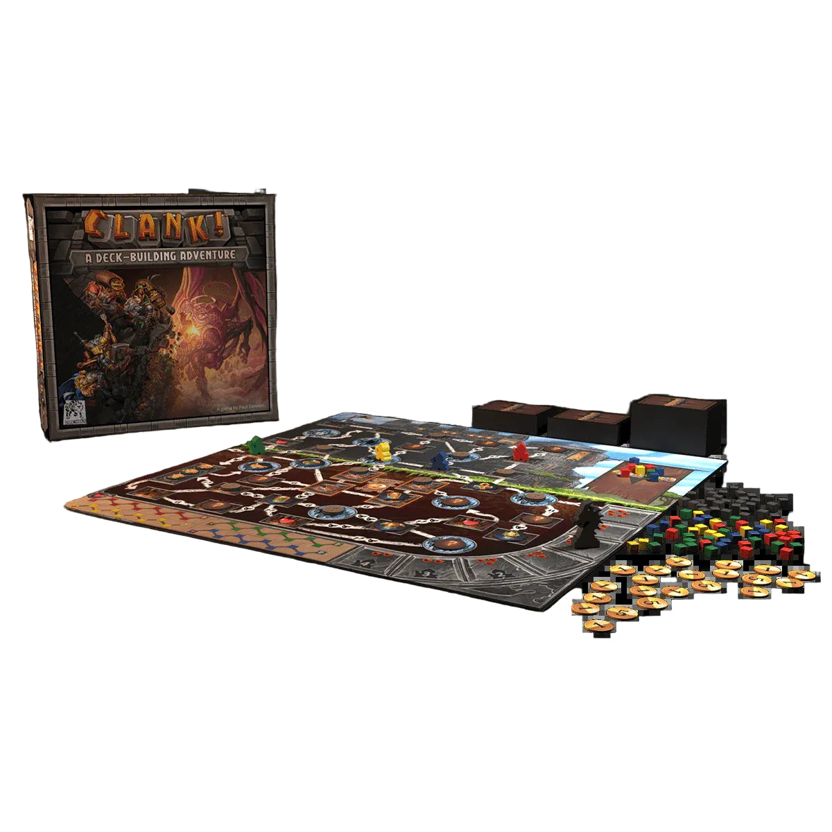 Board game 'Clank!' with components on a white background