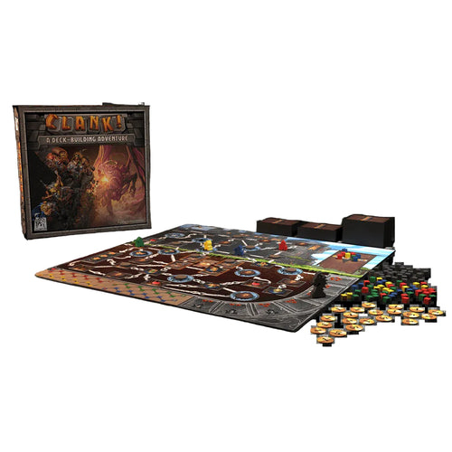 Board game 'Clank!' with components on a white background